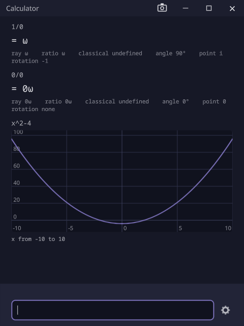 Calculator: two lines answered, each with its readings, and x^2-4 plotted