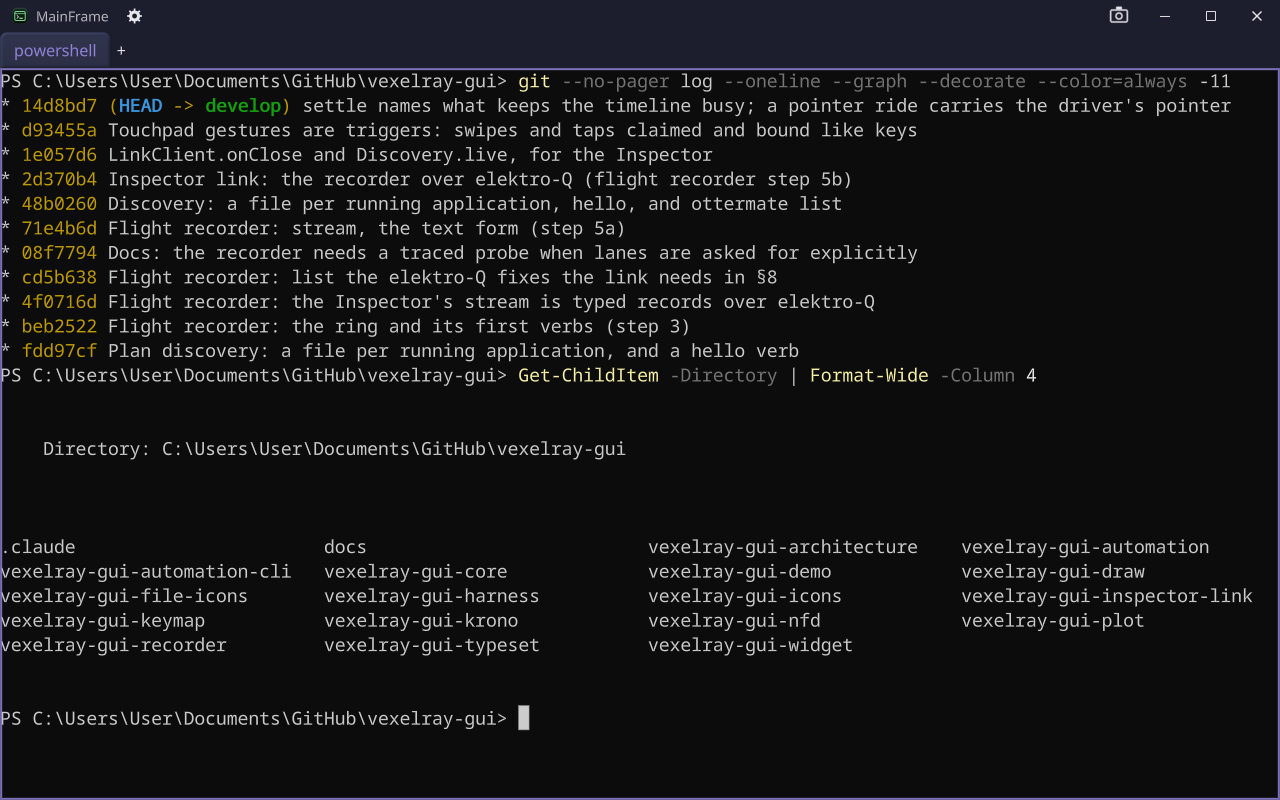 MainFrame: PowerShell in a tab, a coloured git log and a folder listing