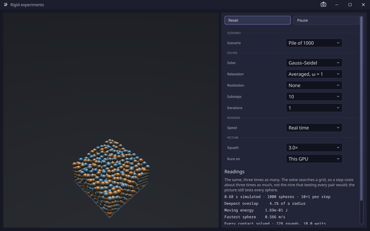 Rigid Sim: a pile of 1000 spheres slumping in its box, solved by Gauss–Seidel