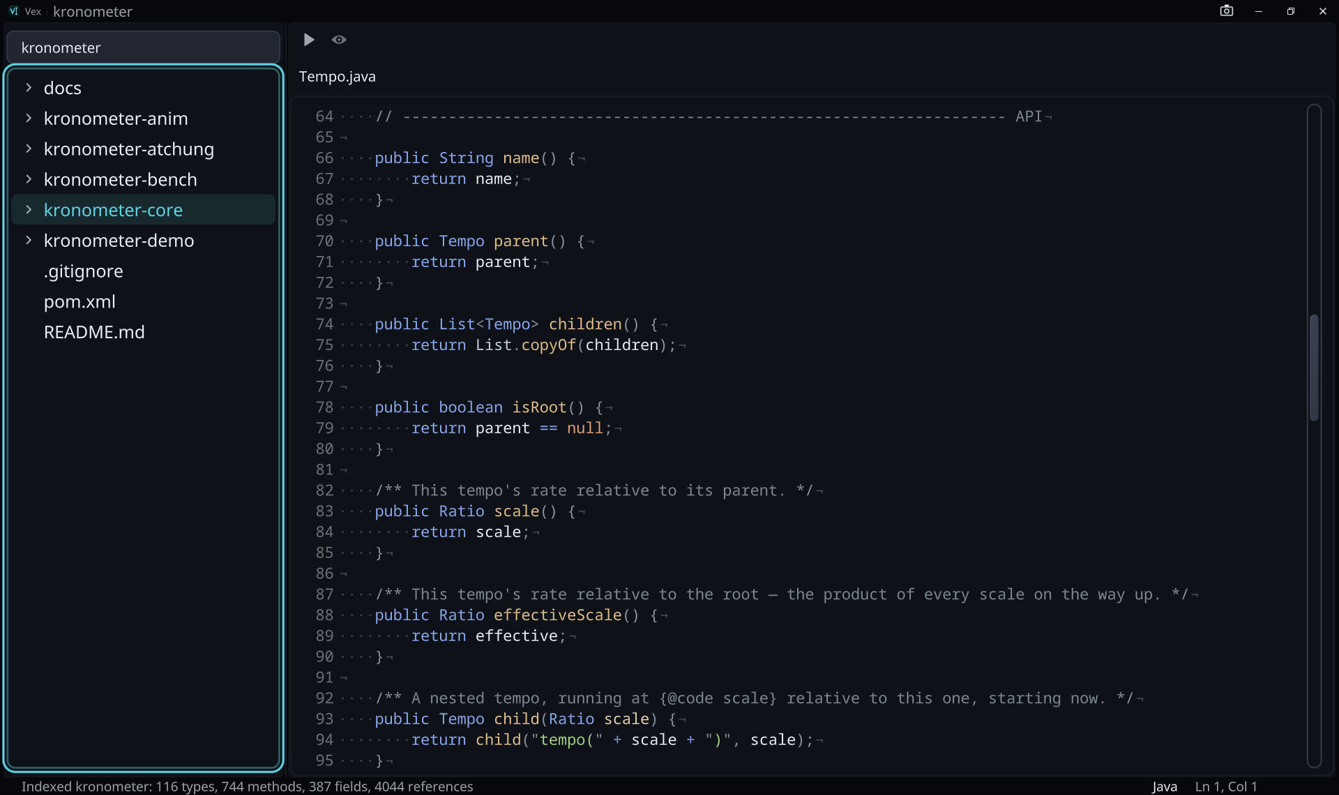 Vex: Kronometer's Tempo.java open beside its navigator, the project indexed